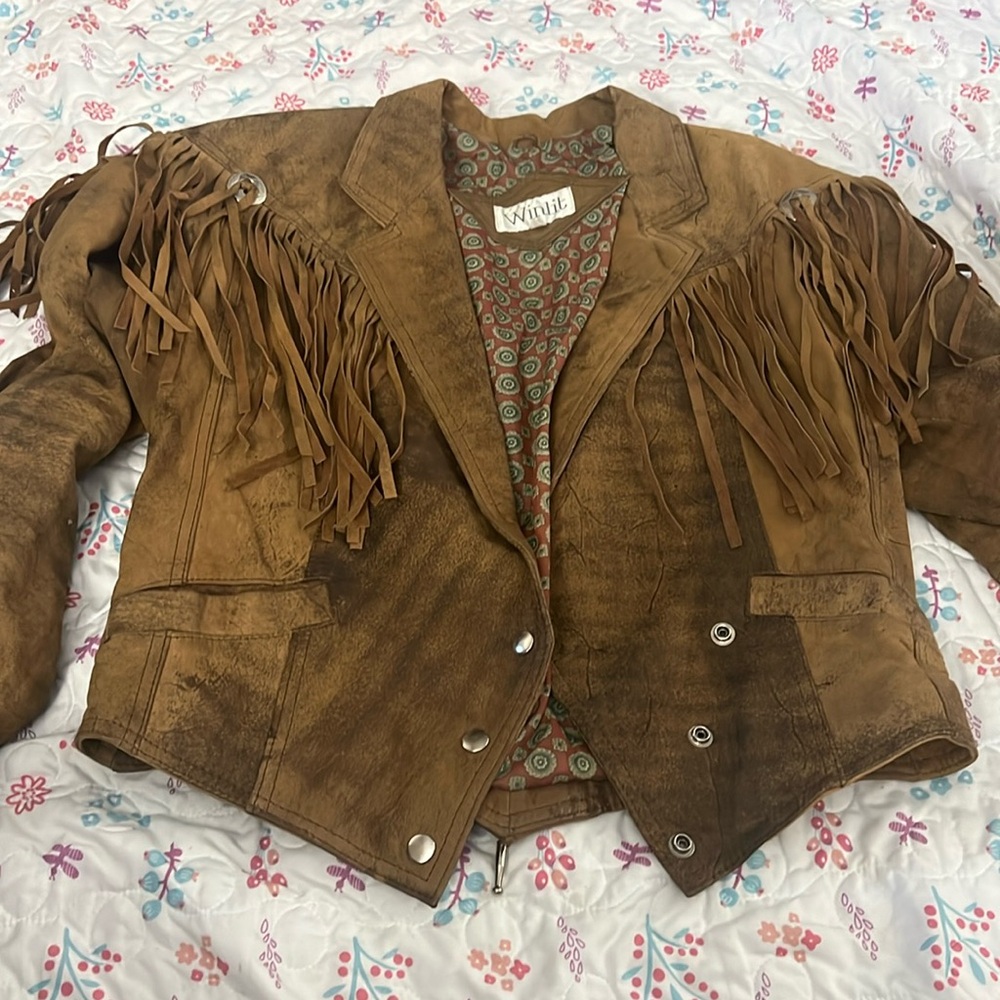 Vintage Winlit Western Jacket Medium Brown Leather Cowgirl Fringe Concho